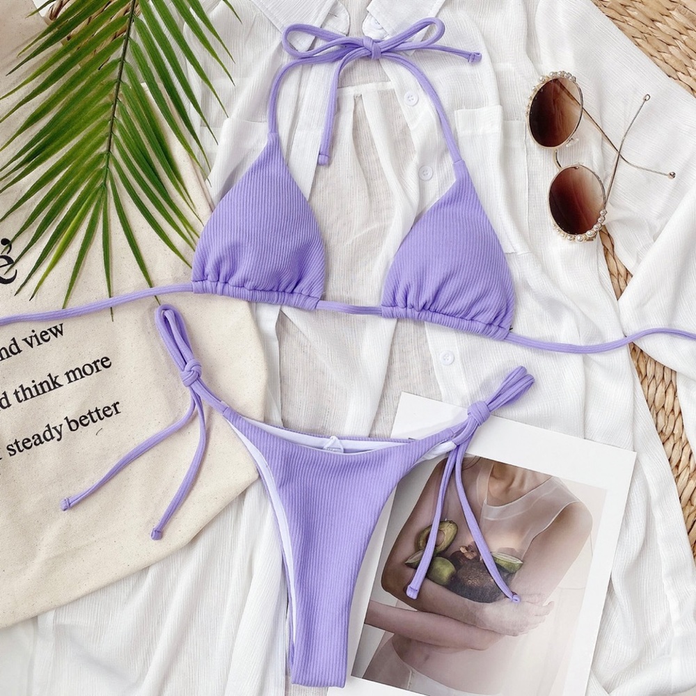Purple ribbed cheeky bikini sets - Picture 2 of 3